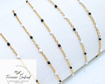 Stainless Steel Enamel Satellite Chain for Permanent Jewelry - Gold/Black/White - Ion Plated - Sold by the Foot - 1.5mm Chain and 2mm Beads