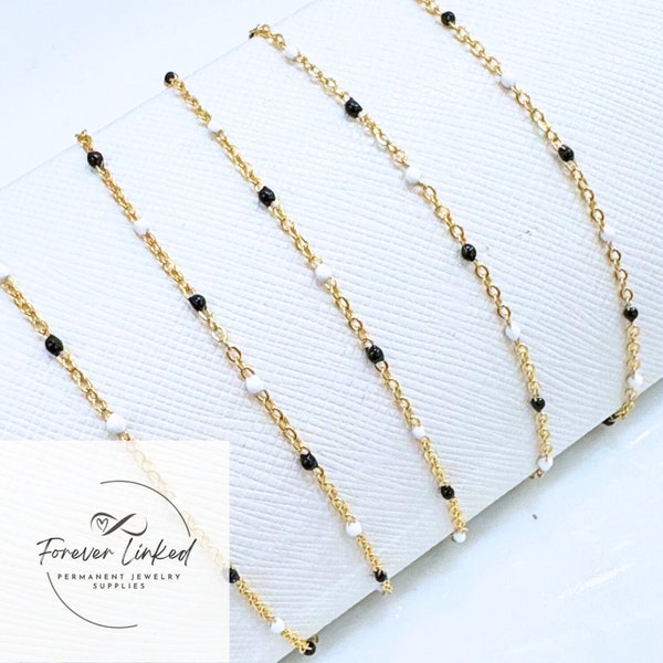 Stainless Steel Enamel Satellite Chain for Permanent Jewelry - Gold/Black/White - Ion Plated - Sold by the Foot - 1.5mm Chain and 2mm Beads