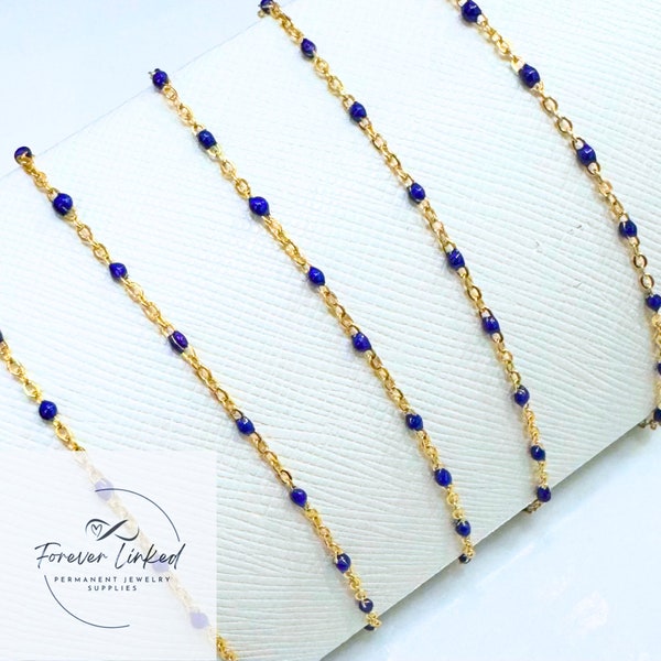 Stainless Steel Enamel Satellite Chain for Permanent Jewelry - Gold/Royal Blue - Ion Plated - Sold by the Foot - 1.5mm Chain and 2mm Beads