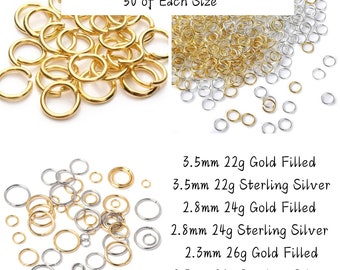 Jump Ring Sample Pack for Permanent Jewelry - 14k Gold Filled and Sterling Silver - 300 Total - 50 each size