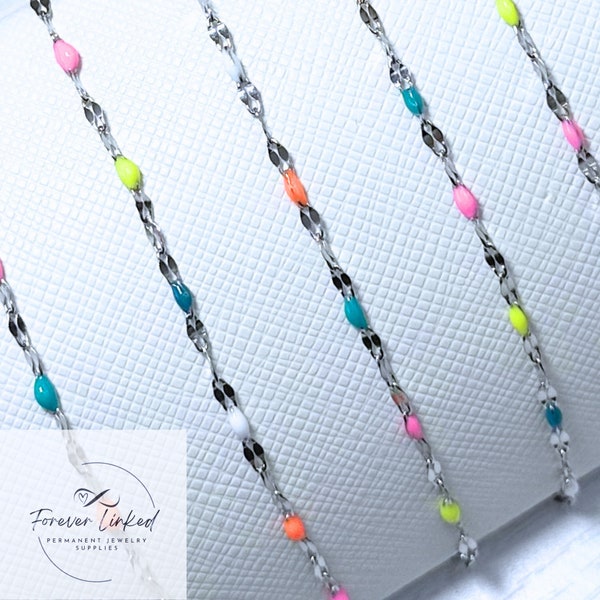 Silver Stainless Steel Sequin Chain with Multi Colored Enamel for Permanent Jewelry - Sold by the Foot - 2.5mm Wide - Use 26g Jump Ring