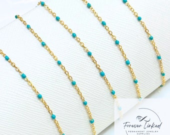Stainless Steel Enamel Satellite Chain for Permanent Jewelry - Gold/Turquoise - Ion Plated - Sold by the Foot - 1.5mm Chain and 2mm Beads