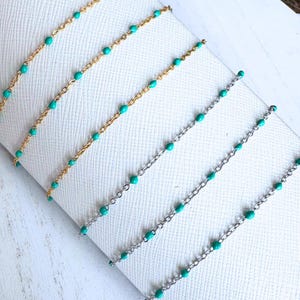 Stainless Steel Satellite with Turquoise Enamel for Permanent Jewelry - Silver or Gold - Sold by the Foot - 1.8mm Chain with 2mm Beads