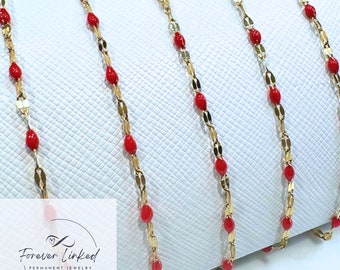 Gold Stainless Steel Sequin Chain with Red Enamel for Permanent Jewelry - Ion Plated - Sold by the Foot - 2.5mm Wide - Use 26g Jump Ring