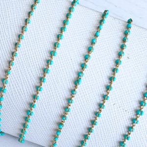 Dainty Gold Stainless Steel Chain with Turquoise Enamel Beads for Permanent Jewelry - Ion Plated - Sold by the Foot