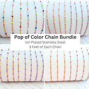 Permanent Jewelry Chain Bundle - Pop of Color - 3ft of Each Chain - Ion Plated Stainless Steel Satellite Enamel - Eight Different Chains