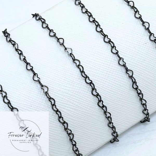 Black Stainless Steel Heart Chain for Permanent Jewelry - Sold by the Foot - Ion Plated - 3.5mm