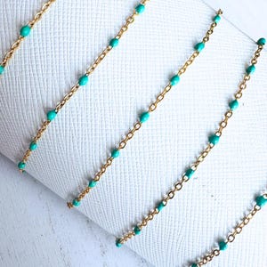 Stainless Steel Enamel Satellite Chain for Permanent Jewelry - Gold/Turquoise - Ion Plated - Sold by the Foot - 1.5mm Chain and 2mm Beads