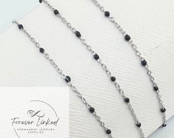 Stainless Steel Enamel Satellite Chain for Permanent Jewelry - Silver/Black - Sold by the Foot - 1.5mm Chain and 2mm Beads