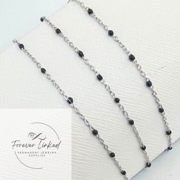 Stainless Steel Enamel Satellite Chain for Permanent Jewelry - Silver/Black - Sold by the Foot - 1.5mm Chain and 2mm Beads