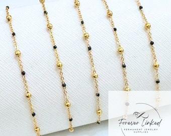 Stainless Enamel Satellite Chain for Permanent Jewelry - Gold/Black/Gold Beads - Ion Plated - Sold by the Foot - 1.5mm Chain with 4mm Beads