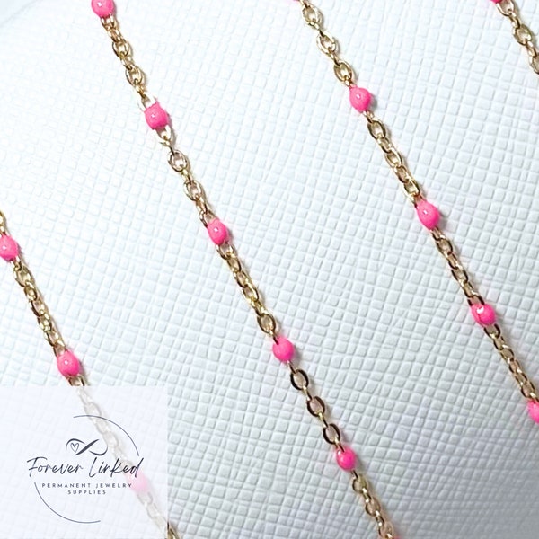 Stainless Steel Enamel Satellite Chain for Permanent Jewelry - Gold/Hot Pink - Ion Plated - Sold by the Foot - 1.5mm Chain and 2mm Beads