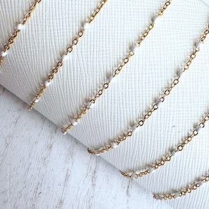 Stainless Steel Enamel Satellite Chain for Permanent Jewelry - Gold/White - Ion Plated - Sold by the Foot - 1.8mm Chain and 2mm Beads
