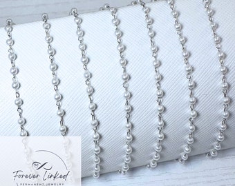 Stainless Steel Satellite Chain with 3mm Pearl Beads for Permanent Jewelry Silver or Gold - Ion Plated - Sold by the foot- VERY DAINTY CHAIN