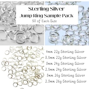 May include: A sample pack of sterling silver jump rings in various sizes. The image shows multiple piles of silver jump rings, with text indicating sizes from 2.3mm to 4mm and gauges from 22g to 26g. The text also indicates 50 of each size.
