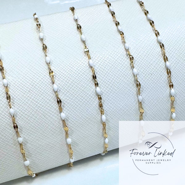 Gold Stainless Steel Sequin Chain with White Enamel for permanent jewelry - Ion Plated - Sold by the Foot - 2.5mm Wide - Use 26g Jump Ring