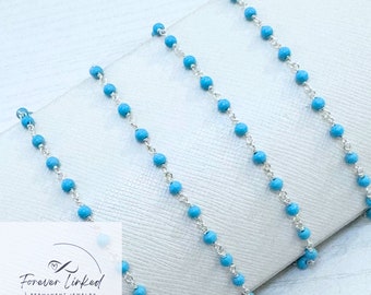 Sterling Silver Chain with 4mm Turquoise Beads for Permanent Jewelry - Sold by the Foot