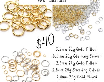 Jump Ring Sample Pack for Permanent Jewelry - 14k Gold Filled and Sterling Silver - 300 Total - 50 each size