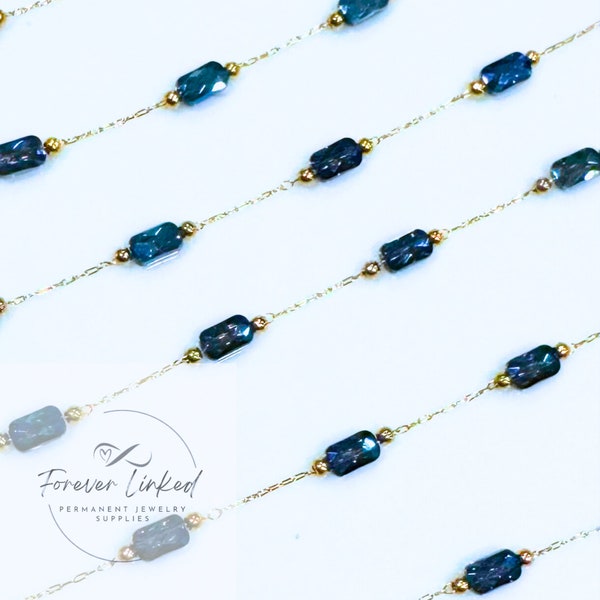 Gold Stainless Steel Satellite Chain with Large Blue Gems for Permanent Jewelry - Ion Plated - Sold by the foot- VERY DAINTY CHAIN