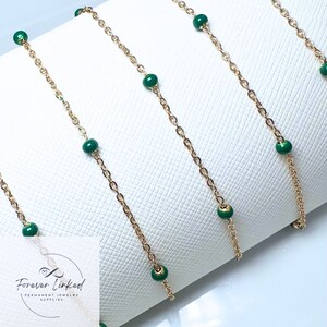 Gold Stainless Steel Satellite Chain with Large Green Enamel Beads for Permanent Jewelry - Ion Plated - 1.5mm Chain with 4mm Beads