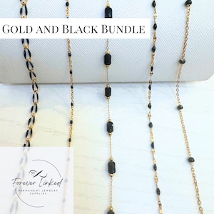 Permanent Jewelry Chain Bundle - Black and Gold - Ion Plated Stainless Steel - 3ft of Each Chain - 100 Jump Rings