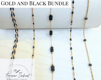 Permanent Jewelry Chain Bundle - Black and Gold - Ion Plated Stainless Steel - 3ft of Each Chain - 100 Jump Rings