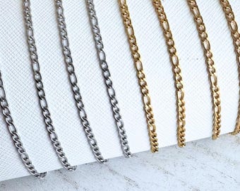 Stainless Steel 3mm Figaro Chain for Permanent Jewelry - Men’s Chain - Ion Plated - Silver or Gold - Sold by the Foot