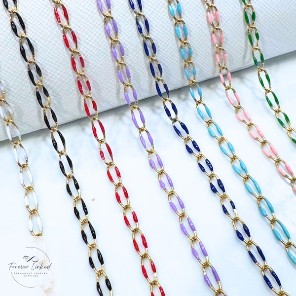 Enamel Link Chain - Ion Plated Gold Stainless Steel with Colored Enamel - 4.5mm Wide - Tarnish Free - Sold by the Foot