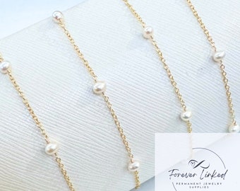 14k Gold Filled Cable Chain with Pearls for Permanent Jewelry - 4.5mm Pearls - Sold by the Foot - Select Quantity After Adding to Cart