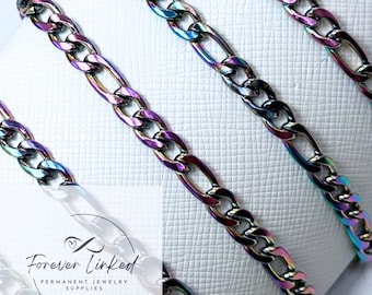 Stainless Steel 5mm Iridescent Figaro Chain for Permanent Jewelry - Men’s Chain - Ion Plated - Sold By the Foot