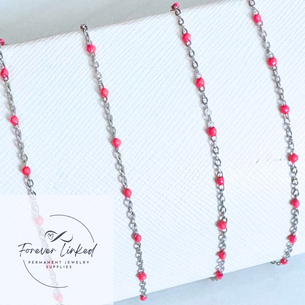 Stainless Steel Enamel Satellite Chain for Permanent Jewelry - Silver/Coral - Sold by the Foot - 1.5mm Chain and 2mm Beads