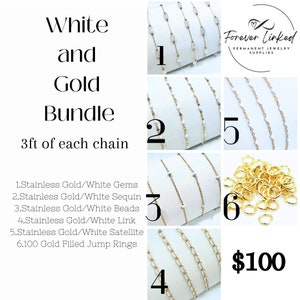 Permanent Jewelry Chain Bundle - White and Gold - Ion Plated Stainless Steel - 3ft of Each Chain - 100 Jump Rings