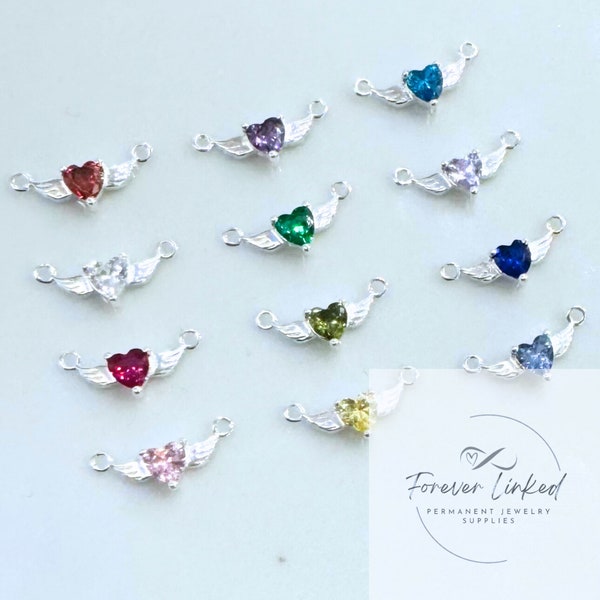 Sterling Silver Angel Wing Birthstone Connectors for Permanent Jewelry