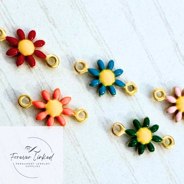 Gold Stainless Steel Enamel Flower Connectors for Permanent Jewelry - Ion Plated - Sold Individually