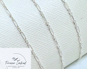 Sterling Silver Twisted One Long Three Short Link Chain for Permanent Jewelry - 2mm Wide - Sold by the Foot