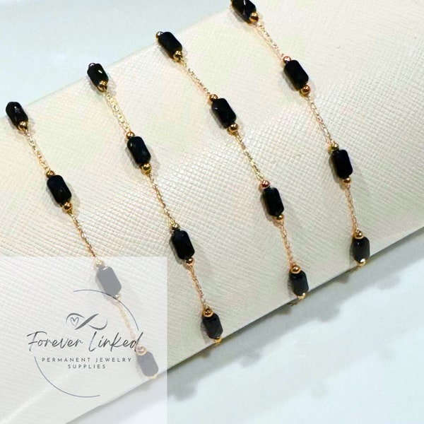 Gold Stainless Steel Satellite Chain with Large Black Gems for Permanent Jewelry - Ion Plated - Sold by the foot- VERY DAINTY CHAIN