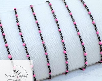Black Stainless Steel Satellite with Pink Enamel for Permanent Jewelry - Ion Plated - Sold by the Foot - 1.8mm Chain with 2mm Beads