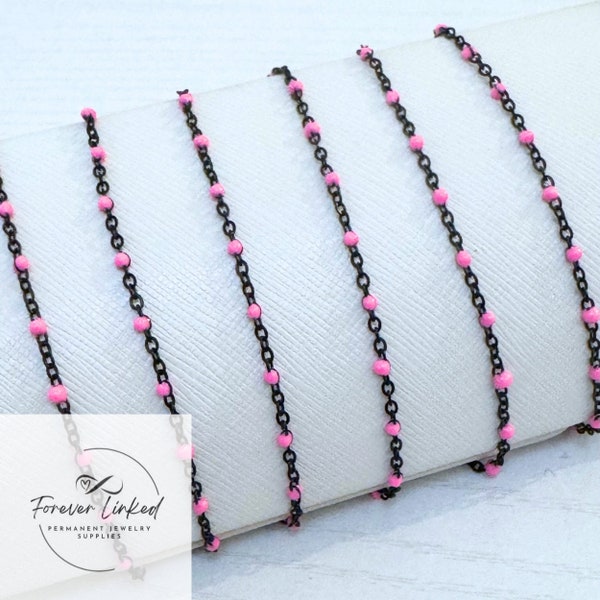 Black Stainless Steel Satellite with Pink Enamel for Permanent Jewelry - Ion Plated - Sold by the Foot - 1.8mm Chain with 2mm Beads