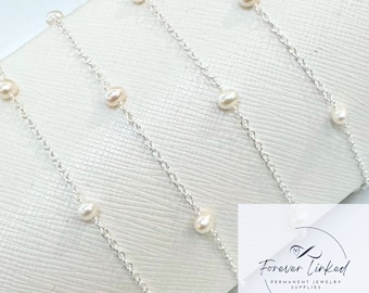 Sterling Silver Cable Chain with Pearls for Permanent Jewelry - 4.5mm Pearls - Sold by the foot - Select Quantity After Adding to Cart