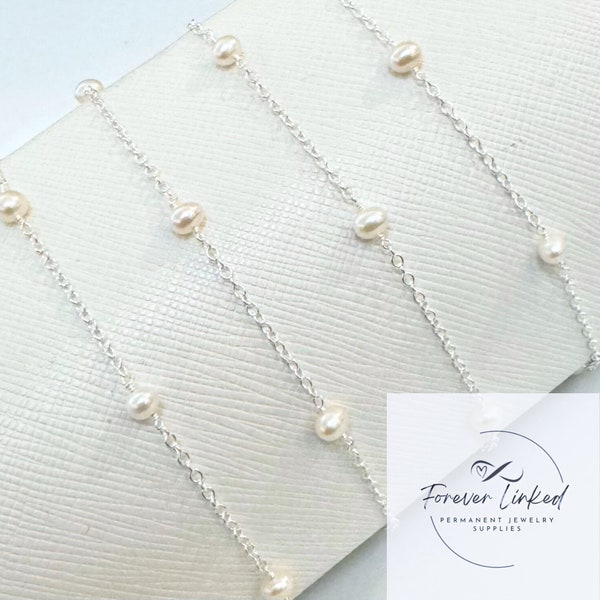 Sterling Silver Cable Chain with Pearls for Permanent Jewelry - 4.5mm Pearls - Sold by the foot - Select Quantity After Adding to Cart