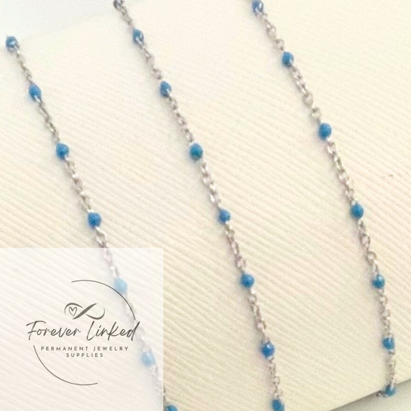 Stainless Steel Enamel Satellite Chain for Permanent Jewelry - Silver/Turquoise - Sold by the Foot - 1.5mm Chain and 2mm Beads