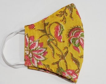 Face Mask, Reusable Mask, Face covering , Washable Masks , Yellow Floral Printed Mask , Cotton Mask