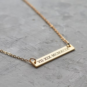 Custom Engraved Bar Necklace - Roman numeral necklace Custom date necklace Personalized jewelry Gold dainty necklace Personalized necklace