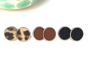 Set of 3 Leopard Print, Brown, and Black Stud Earrings - 12mm Minimalist Earring Trio - Trendy Jewelry Collection