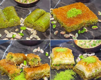 Gulluoglu Assorted Pistachio Baklava, 8 Stück, 4 Sortimente, täglich frisch aus Istanbul/Türkei