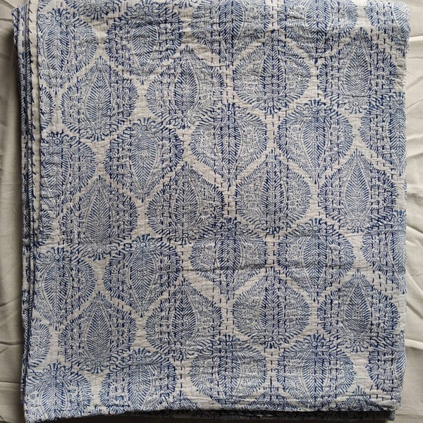 Hand block printed indigo blue kantha Indian ikat gudri