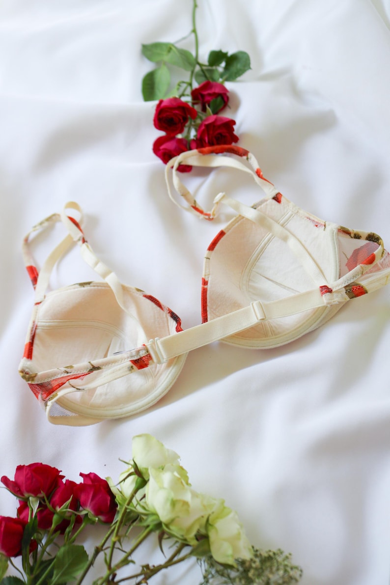 May include: A cream-colored bra with a floral pattern in red and green, featuring adjustable straps and a hook-and-eye closure. The bra is set against a white background with red roses.