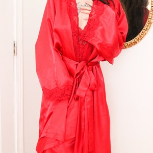 Vintage 1980s Amoureuse Red Silky Robe and Nightgown Set 2X image 1