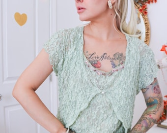Y2K Designer YUKIKO Fairycore Sage Lace Top and Overlay(XL)