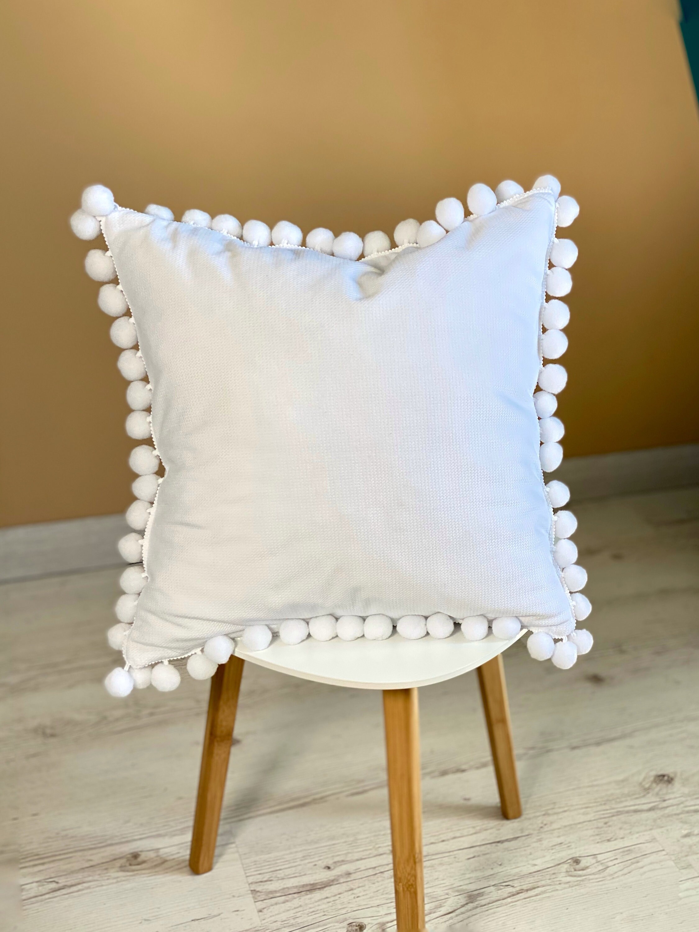 Large White pom pom pillow 15.7x15.7 Throw Etsy